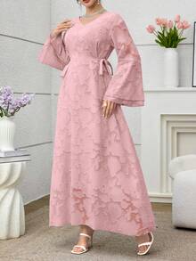 Yasmyna Váy tay loe cổ chữ V màu trơn thanh lịch, cắt xẻ hai bên, thắt nơ - Hồng - Xem 7