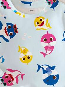 BABY SHARK X SHEIN Baby Boy Casual Cute Cartoon Shark All-Over Print Long Sleeve Loose T-Shirt, Spring/Autumn - White - View 3