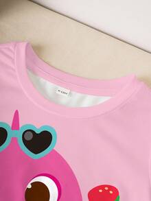 BABY SHARK X SHEIN Baby Girl Cute Cartoon Shark Print Round Neck Short Sleeve Top, Summer