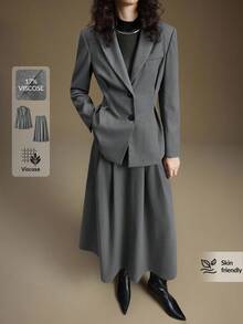 Ontre Women's Elegant Gray Business Corporate Office Suit Set,Summer Soft TR Fabric Slim Fit Blazer & Pleated A-Line Skirt,High-End Vintage Commuter Outfit - Grey - View 1