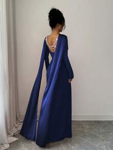 Elenzga Satin Ribbon Back Hollow Pearl Multi-Layer Chain Embellished Long Sleeve Cinched Waist Mermaid Slit Knit Dress, Stretchy Bodycon Party Holiday French Elegant Sexy, Red - Navy Blue - View 3