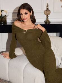 Modelyn 1pc Off Shoulder Furry Elegant Fitted Long Sleeve Bodycon Dress For Women - Green - View 7