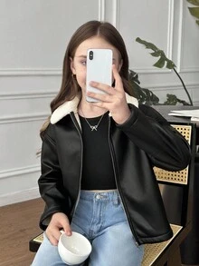 SHEIN 少女秋冬街头时尚PU复合材质保暖内衬撞色领加厚机车夹克，适合秋冬季日常穿着，Y2K风格 - 黑色 - 查看 10