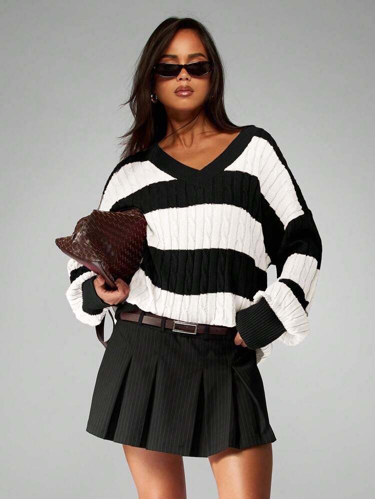 MISSGUIDED Oversized Cable Knit V-Neck Striped Sweater For Fall Winter Casual Pullover