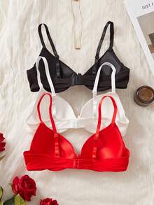 SHEIN 3件套女士纯色基础休闲文胸，带蝴蝶结装饰 - 彩色 - 查看 2