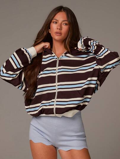 Athîral Women's Casual Color-Blocked Striped Cardigan With Zipper, Everyday Wear, Winter, Women's Winter Clothes, Women's Autumn Clothes, Women's Autumn Outfits, Women's Autumn Clothing, Christmas, Casual And Comfortable, Hooded Sweatshirt.