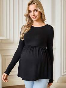 SHEIN 孕妇休闲纯色圆领长袖T恤 - 黑色 - 查看 5