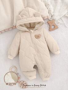 Cozy Pixies 新生儿男女宝宝卡通熊连帽长袖保暖连体衣，舒适百搭，适合秋冬季穿着 - 卡其色 - 查看 5