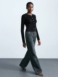 Maija Women's Solid Color Button Design Ruffle Hem Long Sleeve Cropped Sweater Fitted Tops Black Tops Ruffle Tops,Business Casual In Fall/Winter