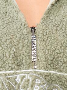 Missguided x Playboy Sage Green Sherpa Half Zip Sweatshirt With White Contrast Piping And Embroidered Text Detail For Fall Winter - Green - View 7