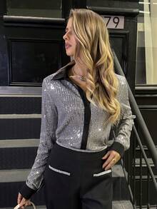 Elyressa Áo cánh đính sequin dự tiệc âm nhạc thời trang nữ - Bạc - Xem 6