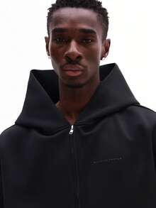 SUMWON 男士宽松全拉链连帽衫，带抽绳帽，冬季休闲卫衣，纯色 - 黑色 - 查看 3