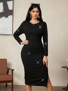 Zelara Plus Size Women Rhinestone Embellished Solid Color Round Neck Long Sleeve Fitted Elegant Dress - Black - View 7