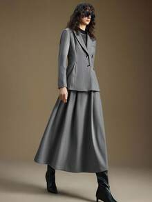 Ontre Women's Elegant Gray Business Corporate Office Suit Set,Summer Soft TR Fabric Slim Fit Blazer & Pleated A-Line Skirt,High-End Vintage Commuter Outfit - Grey - View 6