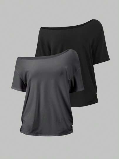 FavEase 2pcs Women's Loose Asymmetrical Shoulder T-Shirts, Elegant Black & Gray Oversized Solid Color Tops