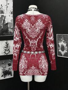 EgrlEra Váy ôm sát tay dài họa tiết hoa cổ chữ V sâu dành cho nữ - Màu Đỏ Sâu - Xem 2