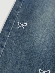 Maija Kids Maija Kids Young Girl' Y2K White Bow Embroidered Pattern Blue Denim Loose Pants,Fall Clothes,Winter Clothing ,Casual And Fashionable Vacation Outfits,2000s Style ,Halloween Denim Jeans ,Christmas  Clothes,Sweet Outfits For Girls - Light Wash - View 6