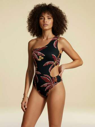 CAJUNI Women's Casual Vacation Tropical Coconut Tree Print Asymmetric Asymmetric Neck Hollow-Out One-Piece Swimsuit, Swimming, Beach