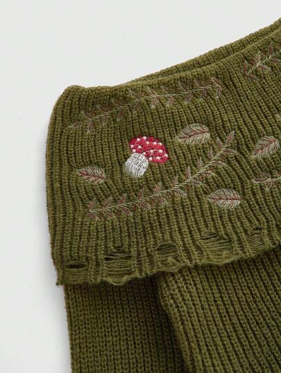 Fairycore Mushroom & Vine Embroidery Off-Shoulder Flare Sleeve Distressed Sweater