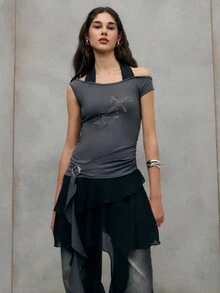 TypaGal Chic Grey And Black Layered Mini Dress With Rhinestone Bow Detail And Asymmetrical Draped Hem. A Standout Choice For Elegant Party Looks And Stylish Women's Outfits. - Black - View 1