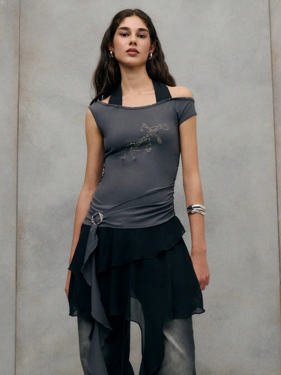 TypaGal Chic Grey And Black Layered Mini Dress With Rhinestone Bow Detail And Asymmetrical Draped Hem. A Standout Choice For Elegant Party Looks And Stylish Women's Outfits. - Black - View 1