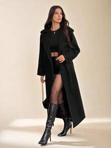 SHEIN Tall 女款黑色長袖優雅前扣長版大衣，休閒通勤穿著，復古保暖加厚秋冬款，適合感恩節、萬聖節，高個女性適用 - 黑色 - 查看 11