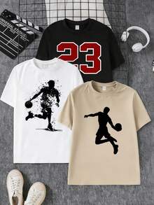 Vacaura 3件套青少年休闲篮球剪影印花圆领短袖T恤，适合春、秋、夏季穿着