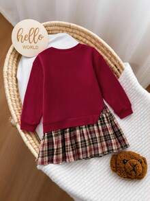 SHEIN 女童卫衣拼接格子裙连衣裙，复古时尚百搭休闲日常装 - 酒紅色 - 查看 4