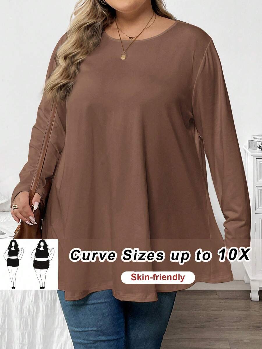 SHEIN CURVE+ Damen Große Größen Einfarbiges Rundhals Langarm Lässiges Loose Fit T-Shirt