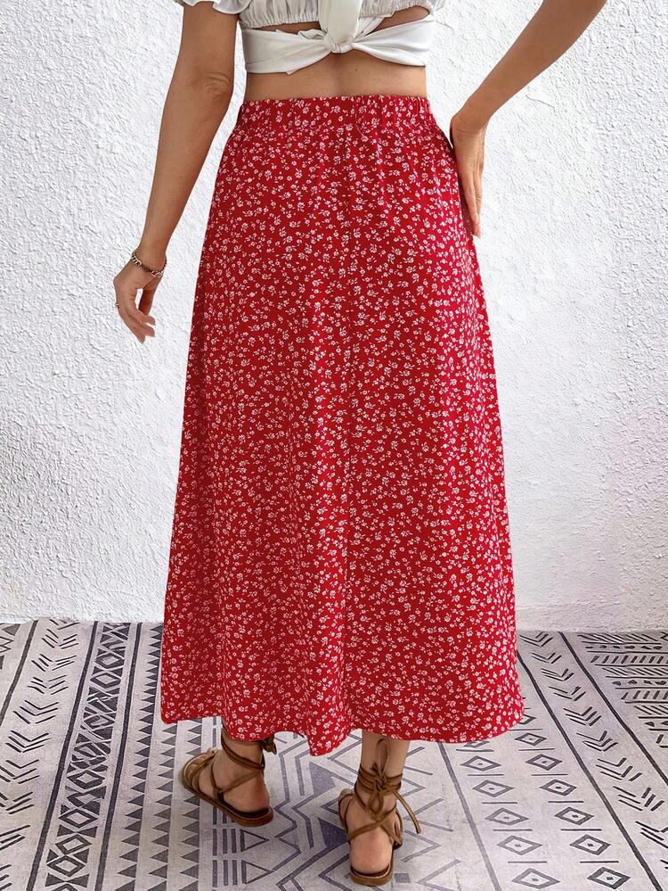 Women's Ditsy Floral Elastic Waist Button Design Casual Midi Skirt
