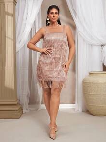 VOLUPTÉ CURVE Spring Summer Plus Size Sequin Fringe Sleeveless Mini Dress, Elegant Nude Pink Color Party, Birthday, Wedding - Gold - View 7