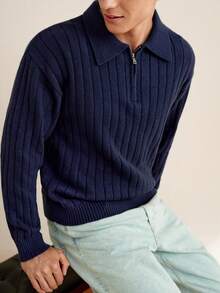 RONVEXI Áo len nam dài tay cổ polo màu trơn có khóa kéo, kiểu dáng thường ngày, thích hợp mặc mùa thu/đông, áo len cashmere nam, áo polo nam cài nút, áo len nam màu xanh navy, áo len nam màu xanh navy, áo polo nam dệt kim. - Nhiều màu - Xem 2