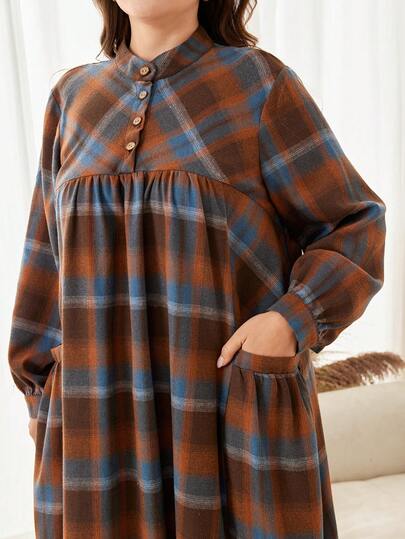 Al Najma Plus Size Women's Casual Plaid Print Stand Collar Long Sleeve Pocket Loose Dress, Suitable For Spring And Autumn