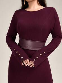 Veilorie 女式纯色罗纹圆领长袖休闲修身长裙 - 紅木色 - 查看 4