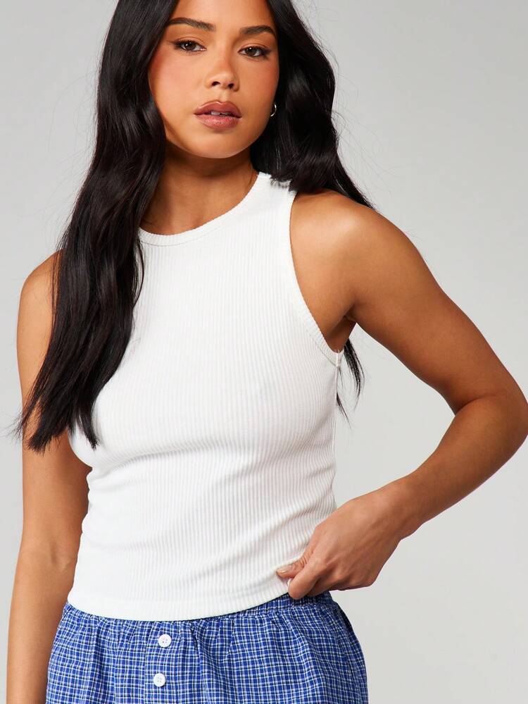 MISSGUIDED リブタンクトップとチェック柄ボクサーショーツのルームウェアセット、レディースパジャマ