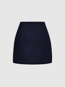 SHEIN MOD Chân váy thường ngày màu trơn cài nút bên hông không đối xứng cho nữ - Màu xanh hải quân - Xem 2