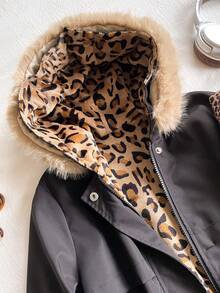 Chaqueta larga para exteriores de niña preadolescente con cuello de piel, elegante y minimalista, con forro térmico grueso, adecuada para otoño/invierno, fiesta, color caqui - Negro - Ver 3