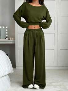 SHEIN EZwear Bộ đồ thường ngày cho nữ, áo nỉ dài tay cắt ngắn bất đối xứng màu trơn và quần ống rộng - xanh quân đội - Xem 6