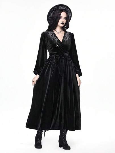 Gothic Style Sexy Spider Web Embroidery Deep V-Neck Velvet Long Sleeve Dress