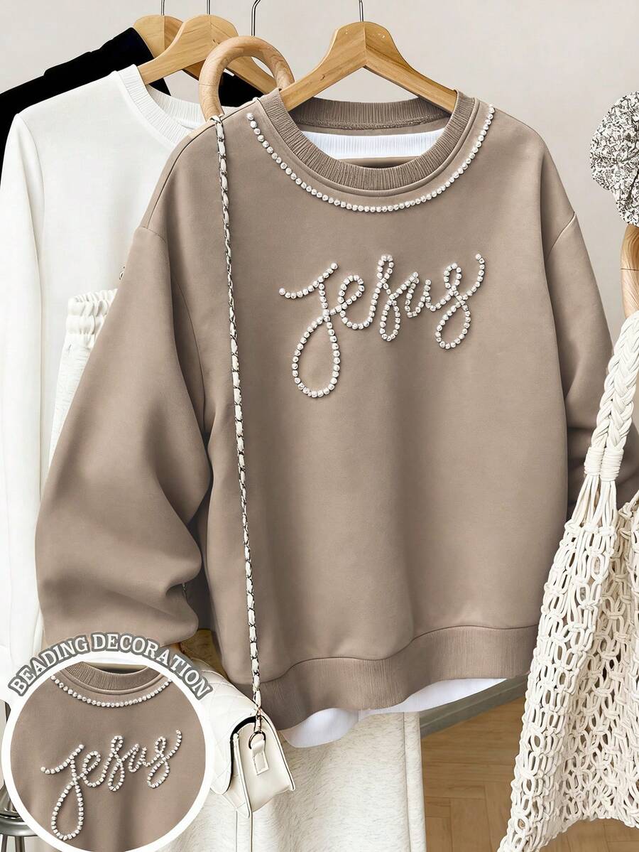 Resyla Áo nỉ cổ tròn trang trí nơ ngọc trai giả cho nữ, thích hợp cho mùa thu/đông, đi làm hàng ngày, hoạt động ngoài trời, quà tặng cho phụ nữ, quà tặng cho anh chị em, quà tặng cho chị em gái, quà tặng cho mẹ, quà tặng Ngày của Mẹ - Cà phê nâu - Xem 1