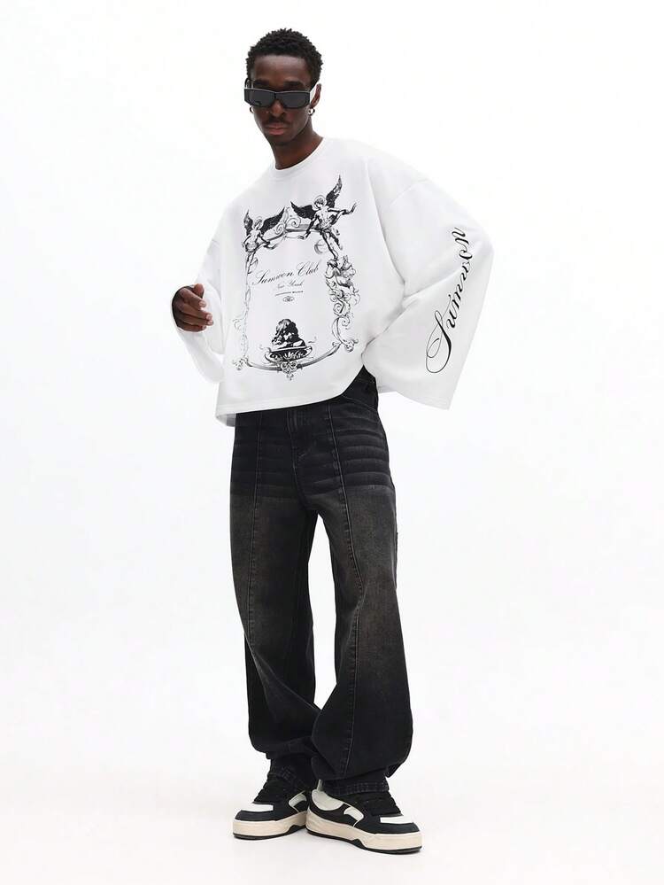 엔젤 프린트가 있는 긴팔 V넥 그래픽 티셔츠