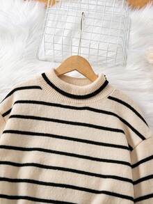 Teen GirlThick Striped Colorblock Knit Sweater & Leggings Set, Casual & Fashionable For Autumn/Winter - Khaki - View 4