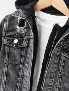 SHEIN Young Boy Fashion Casual Gray Knit Hooded Spliced Blue Denim Long Sleeve Ripped Jacket For Dailywear And Fall Boys Clothes - Grey - View 3