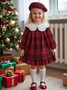 Souflis Souflis 法式复古红色长袖格子连衣裙，撞色荷叶边领，适合派对、郊游和各种场合，秋冬 - 酒紅色 - 查看 4