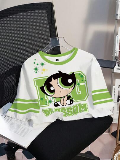THE POWERPUFF GIRLS X SHEIN Camiseta de manga corta con cuello redondo y estampado de botón de oro para mujer