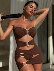 SHEIN Swim Women's Solid Color One-Piece Metal Decor Swimsuit & Skirt 2 Pieces Set, Spring/Summer - Brown - View 2
