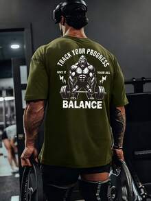 Manfinity Sport PWRUP 休闲落肩T恤，背面有创意大猩猩印花，夏季短袖运动服 - 軍綠色 - 查看 1