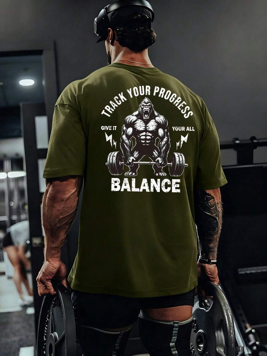 Manfinity Sport PWRUP 休闲落肩T恤，背面有创意大猩猩印花，夏季短袖运动服 - 軍綠色 - 查看 1