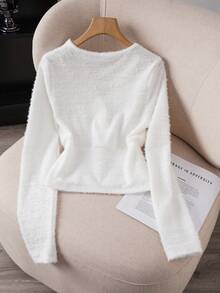 Modelyn V-Neck Lace Trim Fitted Crop Top, Sweet & Spicy Long Sleeve - White - View 2