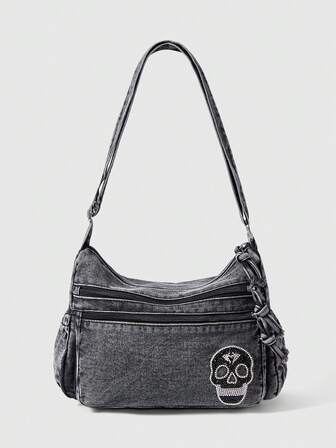 Grunge Punk Borsa a spalla casual da donna in stile punk con decorazione di teschi e strass, di grande capacità
